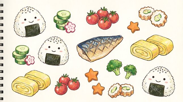 Hand drawn colorful food illustrations with colored pencil illustrations arranged white sketchbook displays collection hand various food items