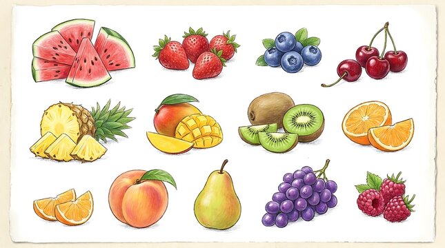Vibrant hand drawn assorted fruit collection featuring fresh tropical produce and seasonal berries on white paper with watermelon strawberries blueberries