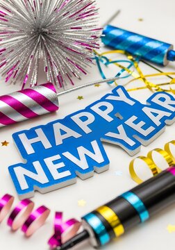 Happy new year greeting card with colorful party poppers and shiny metallic decorations for a festive holiday celebration and fun seasonal event party atmosphere