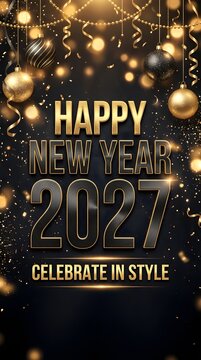 Happy new year 2027 greeting card design with golden glitter elements and festive bokeh lights on a dark background for celebration posters and social media holiday event banners