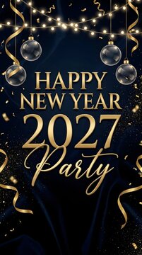Happy new year 2027 party celebration poster with gold text, hanging glass baubles, glowing string lights, and falling golden confetti ribbons on a dark black background