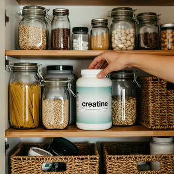 Person places creatine container on shelf with dry pasta grains and food. Kitchen pantry tidily stores supplements and groceries for healthy meals and fitness.
