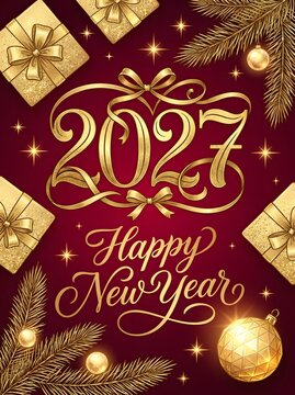 Happy new year 2027 golden calligraphy card design with festive gift boxes and pine branches on a dark red background for holiday celebration and winter season greeting invitation