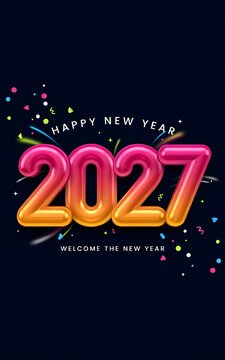 Happy new year 2027 greeting card with colorful 3d numbers and festive confetti particles on a dark background for celebration and holiday season event design