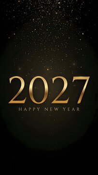 Gold 2027 happy new year text with sparkling glitter particles on a dark black background for festive holiday celebration greeting card design and social media mobile phone story post