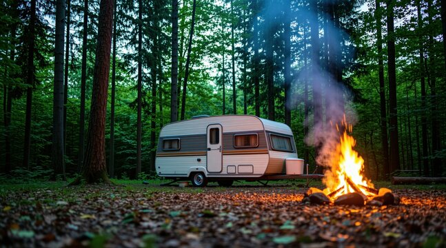 White caravan trailer parks in deep green pine forest during evening dusk. Bright campfire flames glow with smoke rising near camping vehicle. Adventure travel seekers stay at wood campground site.