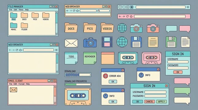 Retro computer interface icons with web browser email client file manager floppy disks with interface elements with displays collection vintage