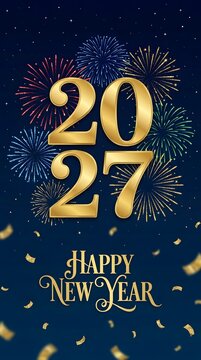 Happy new year 2027 greeting card design with golden numbers and colorful fireworks exploding in the dark blue night sky with falling confetti