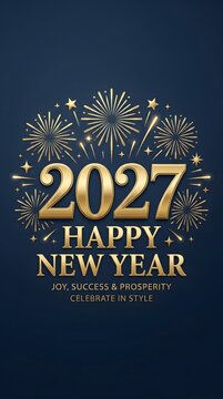 Happy new year 2027 golden text design with bright sparkling fireworks on a dark background for festive holiday greeting card celebration and party event poster graphics illustration