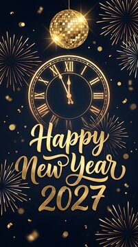 Happy new year 2027 greeting card with a vintage clock showing midnight and golden disco ball hanging above festive fireworks display on a dark black background for celebration