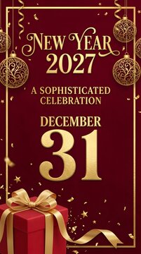 Elegant new year 2027 celebration greeting card design with golden decorative christmas ornaments and a red gift box on a dark purple background for the end of december