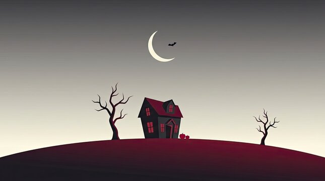 A spooky silhouette of a haunted house on a hill under a crescent moon featuring a classic dark and eerie halloween theme