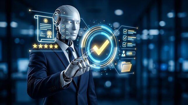 AI robot in a business suit interacting with a holographic quality assurance interface, a futuristic concept of artificial intelligence and digital transformation