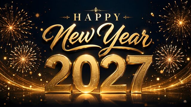 Happy new year 2027 golden text design with sparkling fireworks and glowing glitter particles on a dark background for festive holiday greeting card and celebration party banner