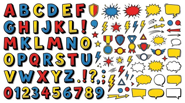 Retro comic book style alphabet letters numbers and decorative graphic elements design set with decorative design elements with displays collection comic