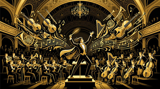 A Conductor Leads a Grand Orchestra in a Dramatic Classical Performance Filled with Musical Notes
