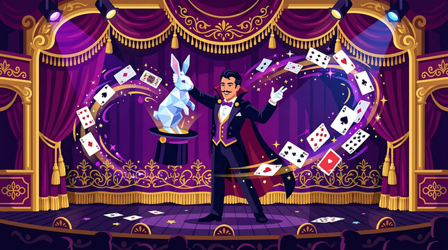 A skilled magician pulling a crystal rabbit from a top hat on a theatrical stage during a captivating magic show