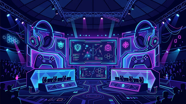 Futuristic esports tournament stage with glowing neon lights and advanced gaming setups
