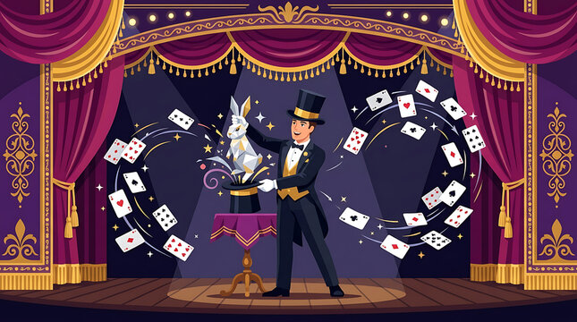 Master Illusionist Presents a Magical Rabbit Appearing from a Top Hat on a Grand Stage with Floating Cards
