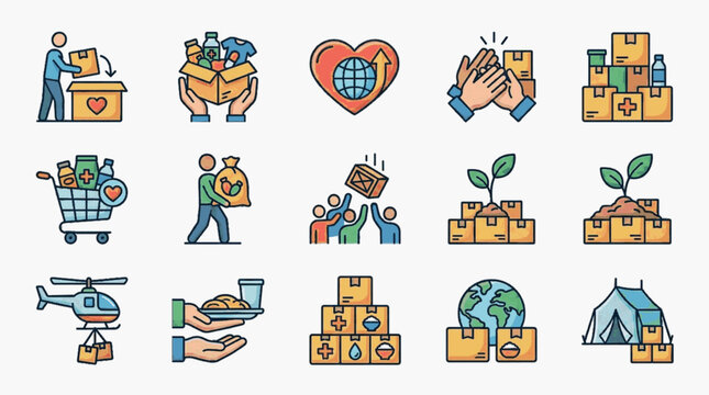Set of 15 colorful humanitarian aid and charity icons including food donations, medical supplies, community support, air relief, refugee shelter, and sustainable growth symbols.