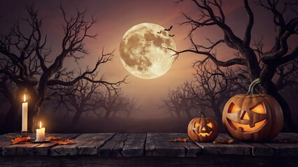 Fototapeta premium Halloween night scene with glowing jack o lanterns, full moon, candles and spooky trees