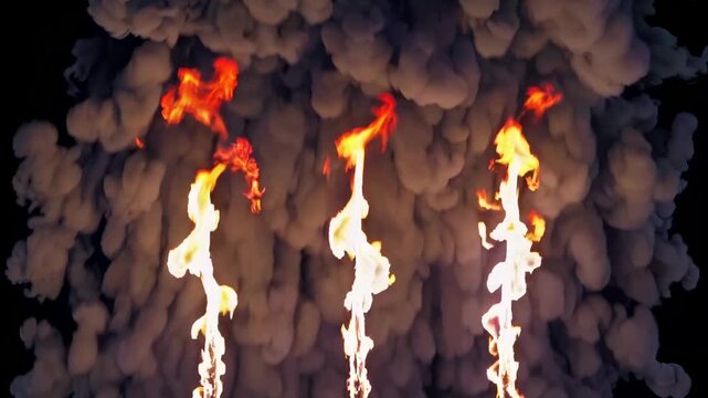 Flames erupt from three vertical jets, surrounded by billowing smoke, creating a dramatic visual effect against a dark background in a continuous action sequence