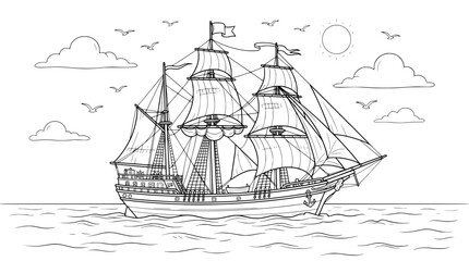 Vintage sailing ship coloring page vector, antique wooden galleon on ocean waves, nautical vessel line art for children and adults