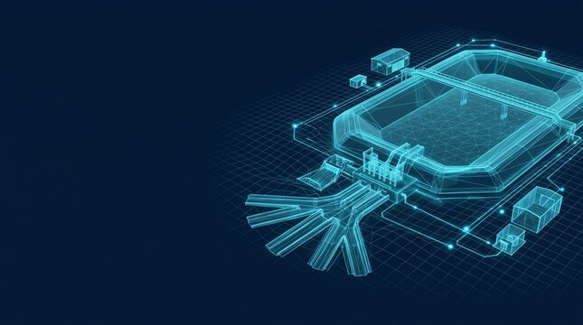 Futuristic digital hologram blueprint of sports stadium arena with glowing cyan wireframe particles and light effects hologram blueprint wireframe futuristic
