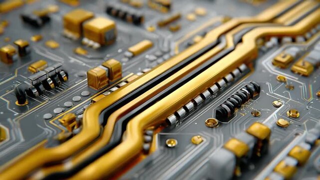Golden Circuits: A macro view of a detailed electronic circuit board, showcasing intricate golden pathways and components, representing advanced technology and innovation.