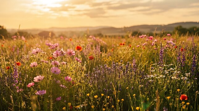 Vibrant wildflower meadow blooming under golden hour sunlight across rolling hills in late summer afternoon with filled colorful wildflowers