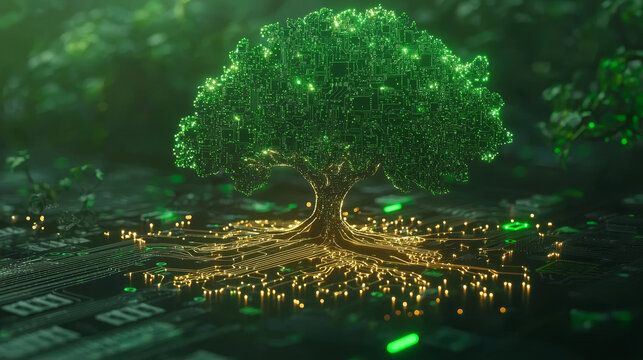 Digital circuit tree technology green glowing nature artificial intelligence futuristic express harmony between technology and nature with glowing digital circuit tree symbolizing innovation