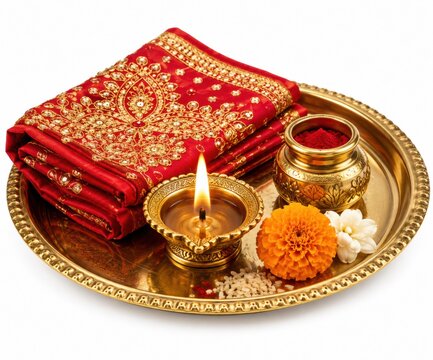 Traditional indian prayer plate with oil lamp and red fabric cloth