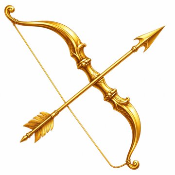 Shiny golden bow and arrow weapon isolated on a white background