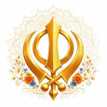 Golden khanda symbol with colorful flowers isolated on white background