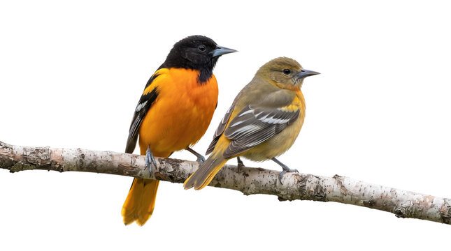 Baltimore oriole pair perched on a birch branch, male and female songbirds isolated on white, vibrant orange and yellow avian wildlife