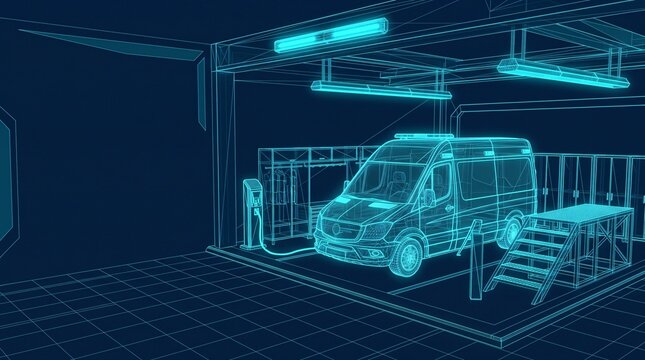 Abstract digital wireframe hologram of van and interior space in cyan glowing grid on dark background with wireframe hologram interior technology futuristic