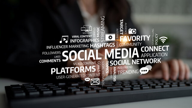 A professional woman interacts with a keyboard, highlighting key social media concepts. This image represents modern digital marketing strategies and effective communication in business. Tessel