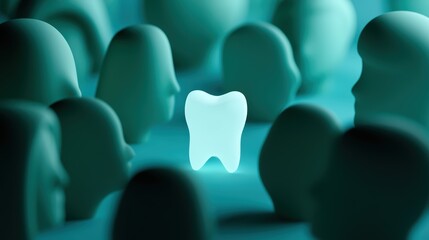 Obraz premium Glowing Tooth Surrounded by Diverse Human Profile Silhouettes in Blue Green Composition