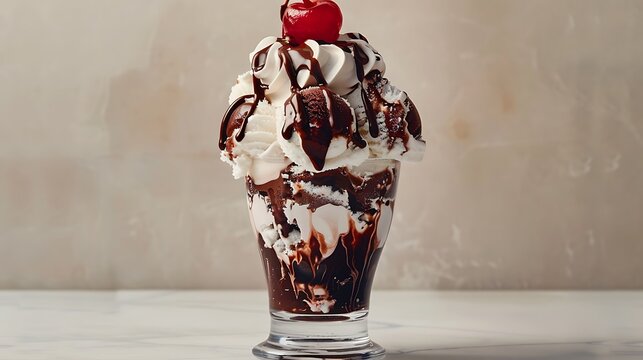 Chocolate sundae with vanilla ice cream, syrup, whipped cream, and cherry highlighting indulgent dessert presentation