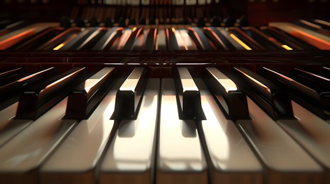 Close-up of piano keys with reflections highlighting symmetry, craftsmanship, and musical instrument aesthetic appeal