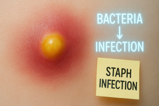 Close up of painful staph infection shows yellow abscess boil on red inflamed skin. diagram explains how bacteria leads to medical condition on sticky note