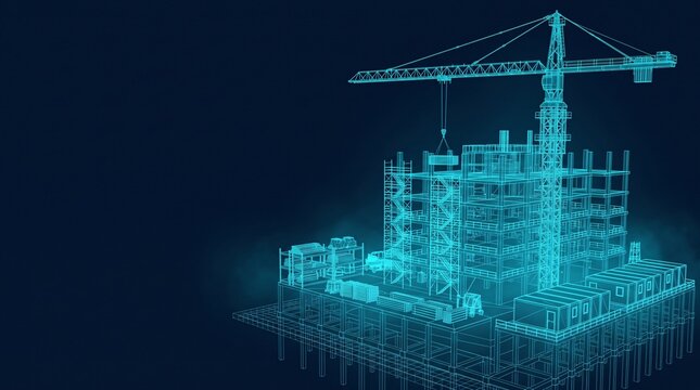 Digital construction site crane wireframe hologram blueprint graphic with construction wireframe hologram blueprint technology illustration futuristic building