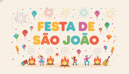 Fototapeta premium Festa de Sao Joao traditional Brazilian festival celebration with colorful fireworks, balloons, dancers, and bonfires.