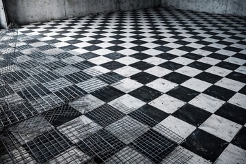 Naklejka premium Black and White Checkerboard Tile Floor Pattern Background