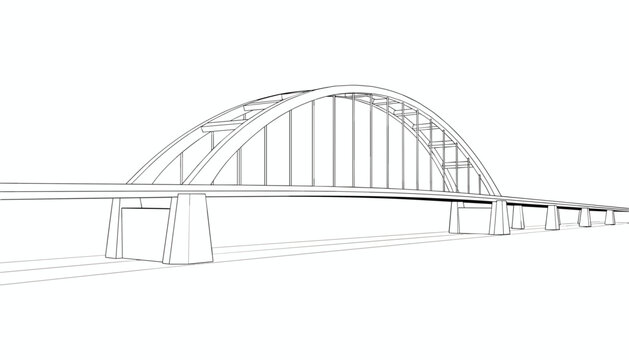 Architectural line art drawing of a long modern arched bridge stretching across a river or body of water.