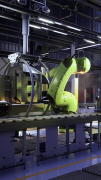 In a high tech factory, vibrant green robotic arms assemble machinery with precision. Sparks fly as components fuse together, showcasing advanced manufacturing in action.