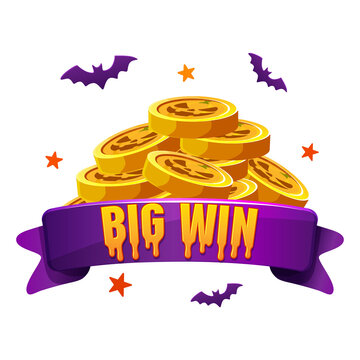 Halloween Big Win Badge with Gold Coins and Purple Ribbon on transparent background