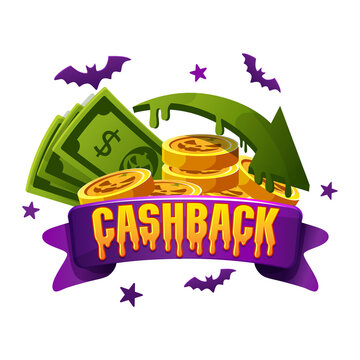 Halloween Cashback Badge with Money Coins and Purple Ribbon on transparent background