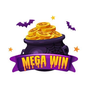 Halloween Mega Win Badge with Gold Coins and Cauldron PNG on transparent background
