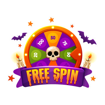 Halloween Free Spin Wheel Badge with Skull and Purple Ribbon on transparent background